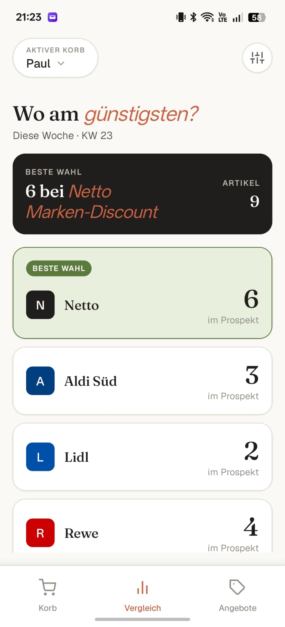 Vergleichs-Screen: Wo am günstigsten — Netto als beste Wahl