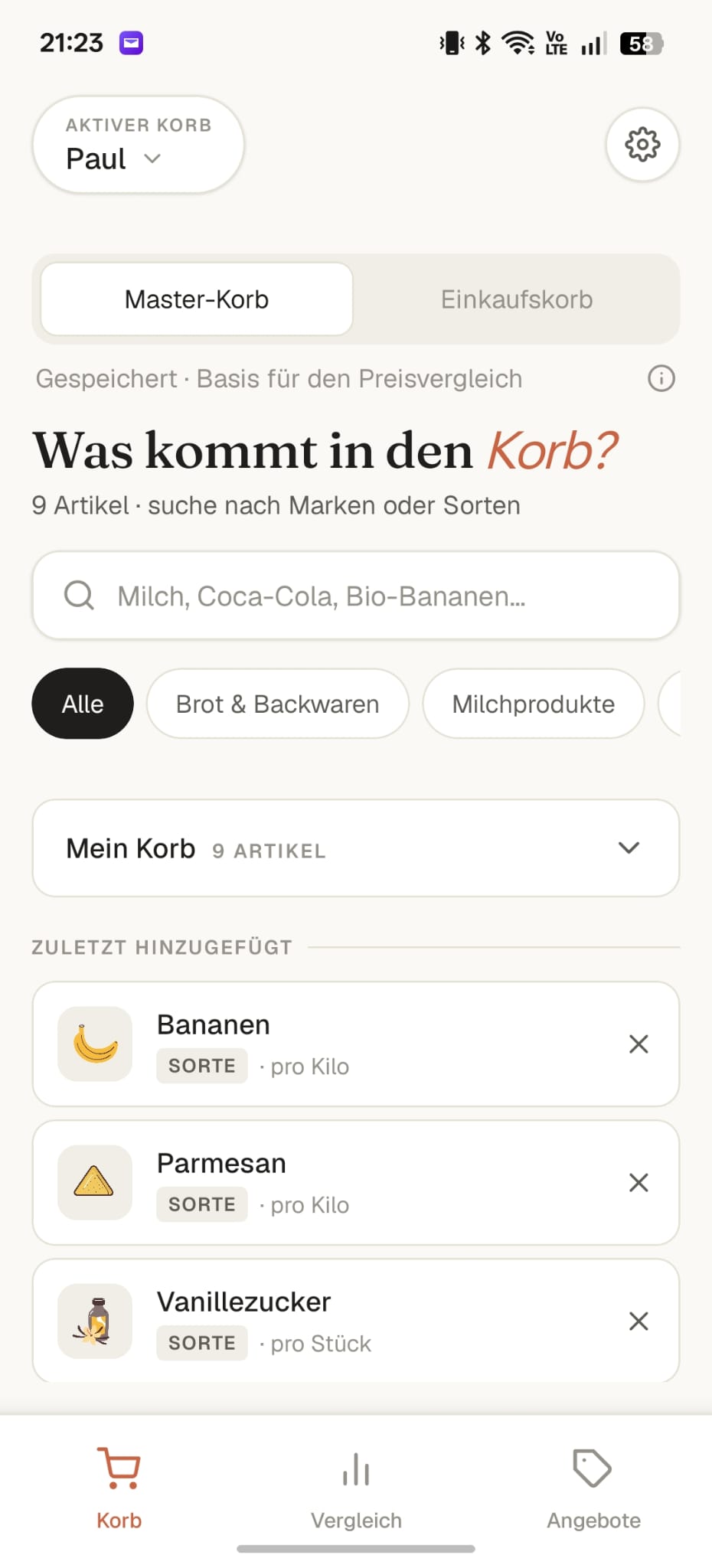 Einkaufsmodus: Korb als Abhak-Liste